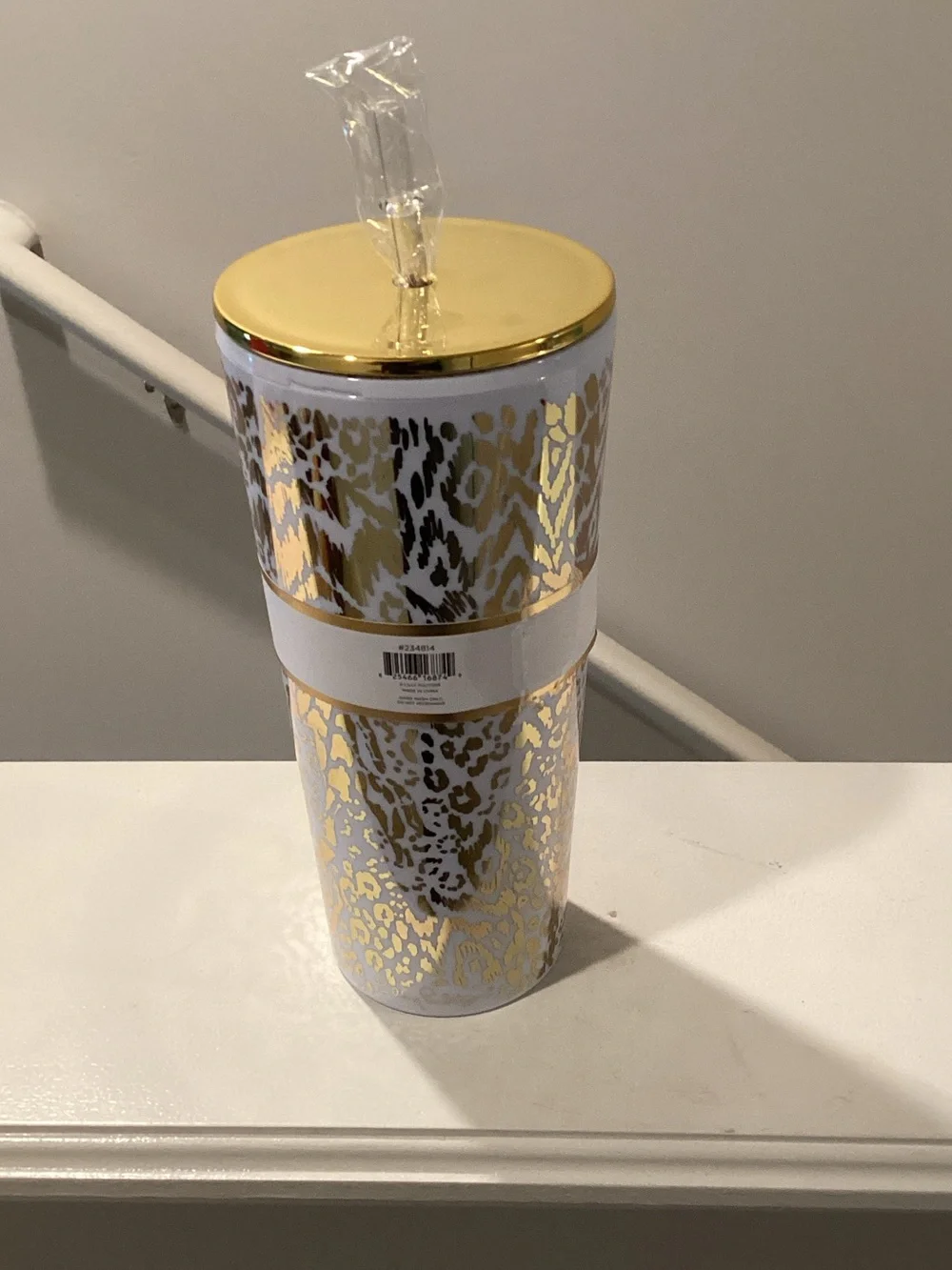 Lilly Pulitzer Metallic Gold Leopard Insulated Tumbler with Straw - Gold & White